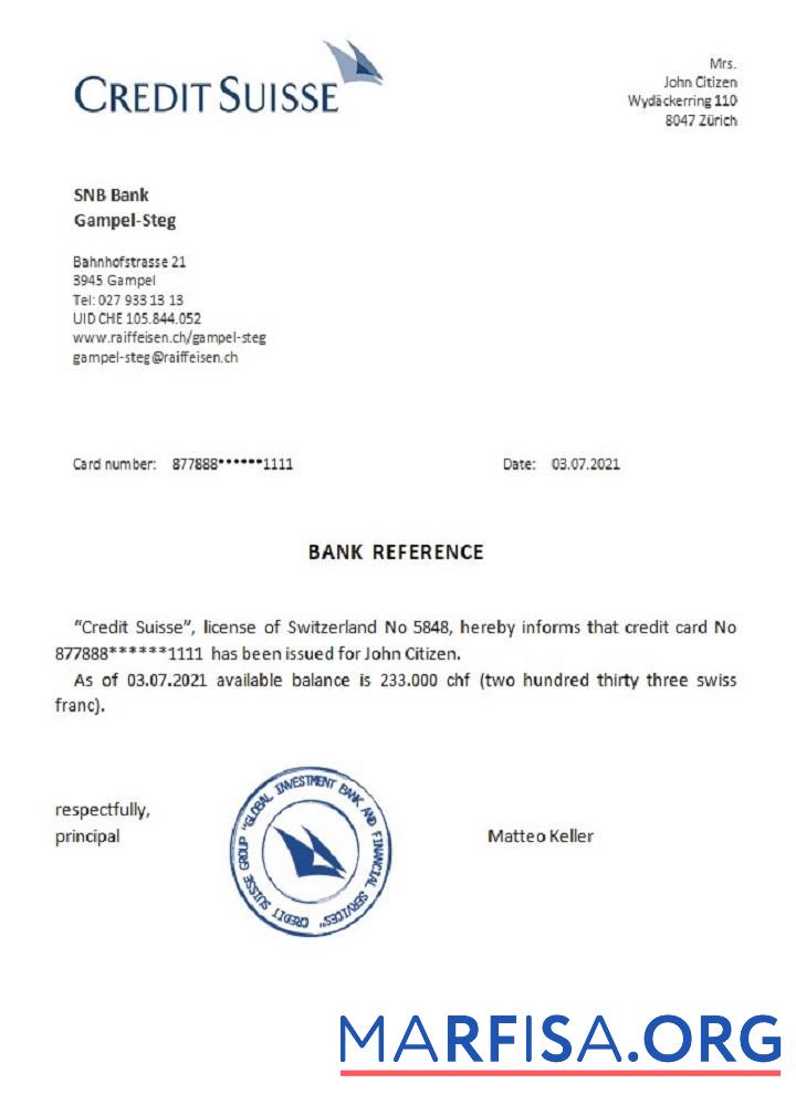 Blank Switzerland Credit Suisse reference download for verification